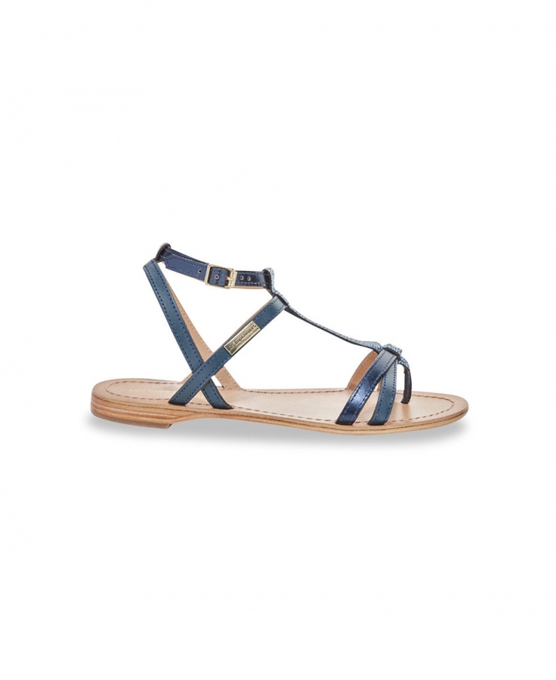 Sandales plates Les Tropeziennes HILIDOS Cuir Ankle-strap Bleu Marine Femme|NMBB-15643388